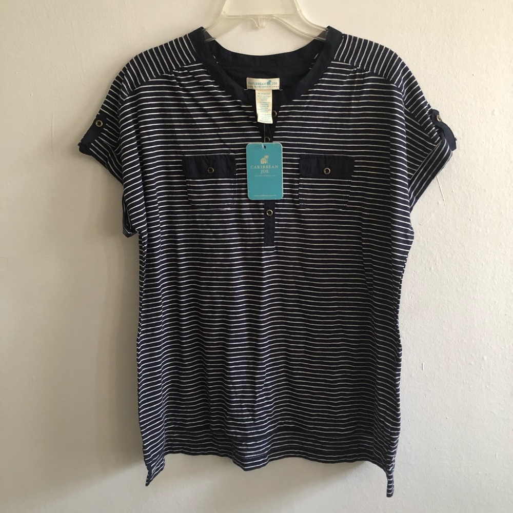 CARIBBEAN JOE Navy & White Striped Shirt XL